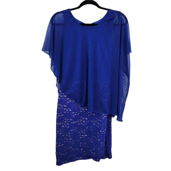 Enfocus Studio Sleeveless Sheer Caped Lace Bodycon Tea Length Dress Blue Sz 10 - Picture 1 of 9